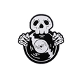 Punk style skeleton hand holding a black vinyl record enamel pin with skull motif - Skull Hugging Record Style (CC434)
