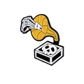 Punk skeleton hand with skull record player enamel brooch in yellow and black - Skull Gramophone Style (CC437)
