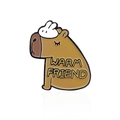 Cute brown capybara enamel pin with a small white rabbit and Warm Friend text - Warm Friend Style (CC300)