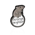 Cartoon enamel pin featuring a grey mouse and 'Strange Neighbor' text on white ring - Sitting In Circle Style (CC1074)