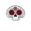 Spilla smaltata Sugar Skull con occhi floreali rossi e volute blu su metallo bianco - Stile Teschio di Zucchero Dipinto con Fiori (CC1226)