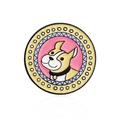 Spilla smaltata rotonda con bulldog francese a cartone animato rosa e giallo - Bulldog In Cornice Tonda Gialla (CC1325)