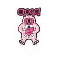 Pin's grenouille rose de dessin animé avec ventre rempli de cœurs et texte Croac - Style Monstre Borgne (CC166)