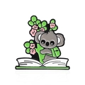 Cute cartoon koala enamel brooch pin reading a book with green leaves and pink flowers - Book and Plant Style (CC1826)