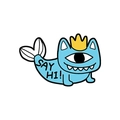 Blaues Cartoon-Monster-Abzeichen mit Katzenkopf, Fischschwanz und Say Hi-Aufschrift - Krone Einäugiger Blauer Katzenfisch (CC1117)