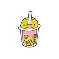 Cute yellow duck enamel pin featuring pink strawberry milk tea with tiny duck boba - Psyduck Bubble Tea Style (CC2144)