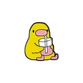 Cute yellow duck enamel pin holding pink strawberry yogurt drink with white straw - Drinking Duck Style (CC2146)