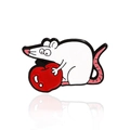 Cartoon Emaille Brosche Weiße Maus mit großem rotem Apfel und Spiegeleffekt auf weißem Grund - Apfel haltende Maus (CC1071)