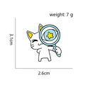 Detail showing white cartoon cat enamel pin with a blue magnifying glass and yellow star - Cat with Magnifying Glass (CC1067)