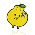Cute cartoon enamel fruit brooch in bright yellow featuring a character holding a white flower - Vain Orange (CC077)