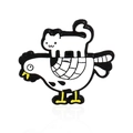 Cute enamel pin badge featuring a white cat riding on a white rooster animal design - Cat Riding on Hen (CC1267)