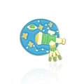 Space exploration enamel pin with telescope, green planet and stars on blue background - Astronomy Telescope Style (CC278)