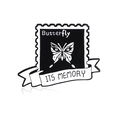 Detail of a vintage stamp enamel pin featuring a butterfly and its memory ribbon text - Butterfly Stamp Style (CC110)
