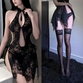 Three-piece black lace sexy lingerie set with high-slit cheongsam top and lace thigh stockings - Black + Black Stockings