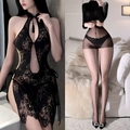 Sexy black lace hollowed-out cheongsam and sheer stockings with slim long-sleeve top - Black + Black Pantyhose