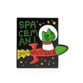 Enamel pin featuring a green space cat riding a red rocket on a black base - Space Cat on Rocket Style (CC371)