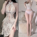 Sexy white lace cutout cheongsam nightdress set with stockings and bow details - White + White Pantyhose