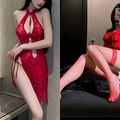 Red lace cheongsam style bodysuit with matching fishnet stockings for women - Red + Red Fishnet Stockings