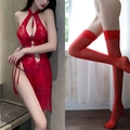 Sexy red lace cheongsam set with high side slits and floral lace sheer thigh-high stockings - Red + Red Stockings