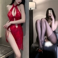 Sexy red lace cheongsam bodysuit with hollow out design and high slit style - Red + Black Crotchless Stockings