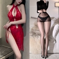Sexy red lace cheongsam lingerie with high slit and sheer black floral patterned tights - Red + Black Pantyhose