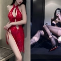 Deep red lace镂空 cheongsam and black fishnet lingerie set with high slit detail - Red + Black Shredded Stockings