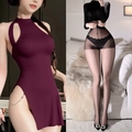 Slim fit burgundy halter neck dress with cutout design and side metal chains - With Pantyhose