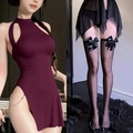 Burgundy halter neck mini dress with black bow stockings two-piece set for women - With Butterfly Bow Stockings