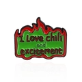 Creative enamel chili pepper pin with red flame border and I Love chili excitement text - Green Flame Slogan Style (CC227)