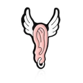 Whimsical enamel pin featuring pink ears with white wings and a silver ring accessory - Pink Winged Ear (CC1411)