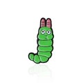 Cartoon green insect enamel badge with pink antennae and big eyes on white background - Cc1738