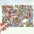 Isometric 3D cartoon street scene sticker featuring miniature urban shops and buildings - Street Corner
