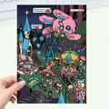 3D amusement park stickers for DIY cartoon miniature scenes featuring a pink rabbit monster - Sticker Set / Amusement Park Scene (Large)