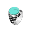 Bague rétro en acier inoxydable avec pierre de turquoise verte et motif grec gravé - US 7 / Acier Pierre Verte