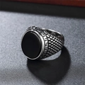 Bague vintage en acier inoxydable avec pierre noire ronde et anneau texturé - US 7 / Acier Pierre Noire