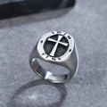 Anello sigillo punk vintage da uomo in acciaio con croce a rilievo e incisione Swim Sink - US 7 / Color Acciaio