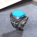 Men's retro titanium steel ring featuring blue turquoise gemstone and fleur-de-lis carvings - US 7 / Steel Blue Stone