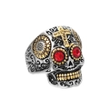Anello teschio punk gotico in acciaio argento e oro con occhi in pietra rossa - US 7 / Argento Antico Con Strass Rosso