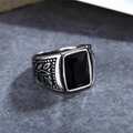 Vintage men's titanium steel ring featuring a rectangle black gemstone and floral relief - US 7 / Silver Black Onyx
