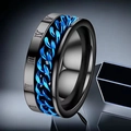 Elegante anello rotante in acciaio nero con catena blu e incisione di numeri romani - Spinner Numeri Romani Anello Nero Catena Blu