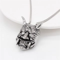 Retro Japanese Hannya mask pendant in antique silver finish with beaded steel chain - Style 1 (P0851-1)