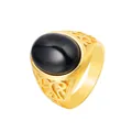 Vintage gold stainless steel signet ring with oval black onyx and hollow geometric carvings - US 7 / Black