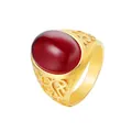 Retro gold titanium ring featuring a polished oval red gemstone and hollow floral patterns - US 7 / Red