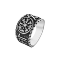 Vintage Viking Vegvisir ring in oxidized stainless steel with carved runes - US 7 / Steel