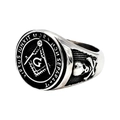 Anello massonico in argento con simbolo del compasso e incisione latina su fondo bianco - US 7 / Color Acciaio
