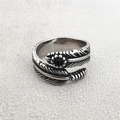 Retro titanium steel feather ring with black center stone and oxidized vintage finish - US 7 / Black Zirconia