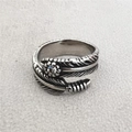 Vintage titanium steel feather ring with center gemstone and intricate carved texture - US 7 / White Zirconia