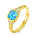 Anillo abierto de plata 925 vintage con opalo azul y banda de cuerda trenzada - Abierto ajustable / Color Dorado - Ópalo Azul