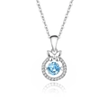 Silver bow necklace featuring a floating round blue stone pendant on a white backdrop - Silver Plated (Sea Blue Zirconia)