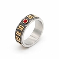 Anello spinner vintage in acciaio inox con mantra a sei parole e gemma rossa incastonata - US 7 / Oro e Argento